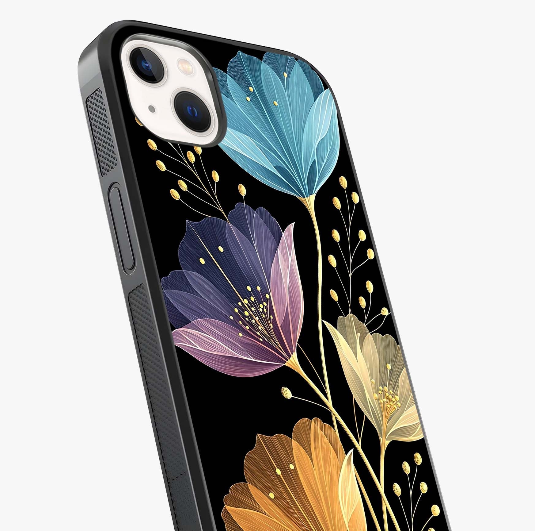 Delicate Multicolor Flowers Glass Case captured at a warm angle highlighting gloss, texture and premium glass finish.