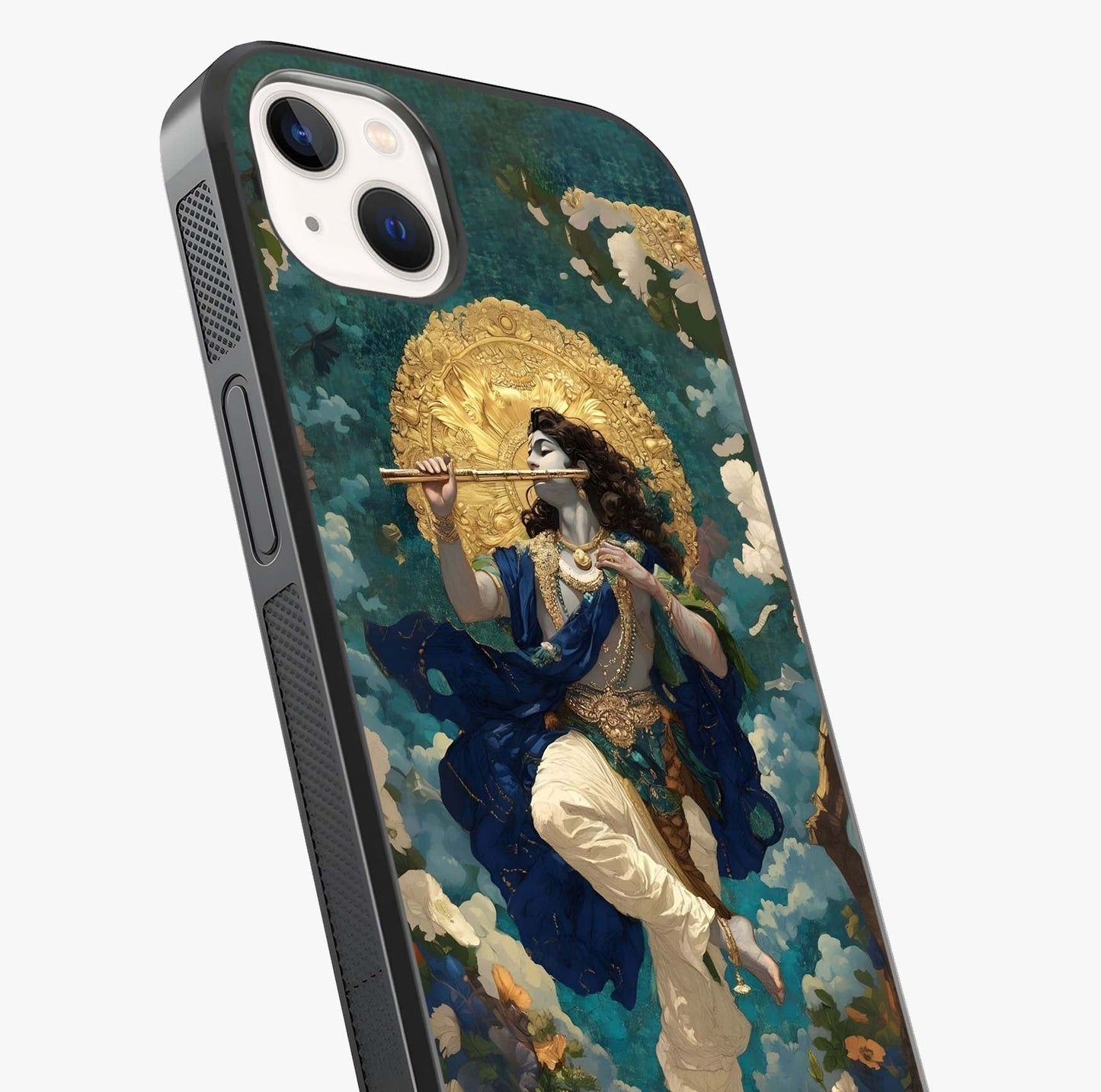 Divine Krishna Art Glass Case captured at a warm angle highlighting gloss, texture and premium glass finish.