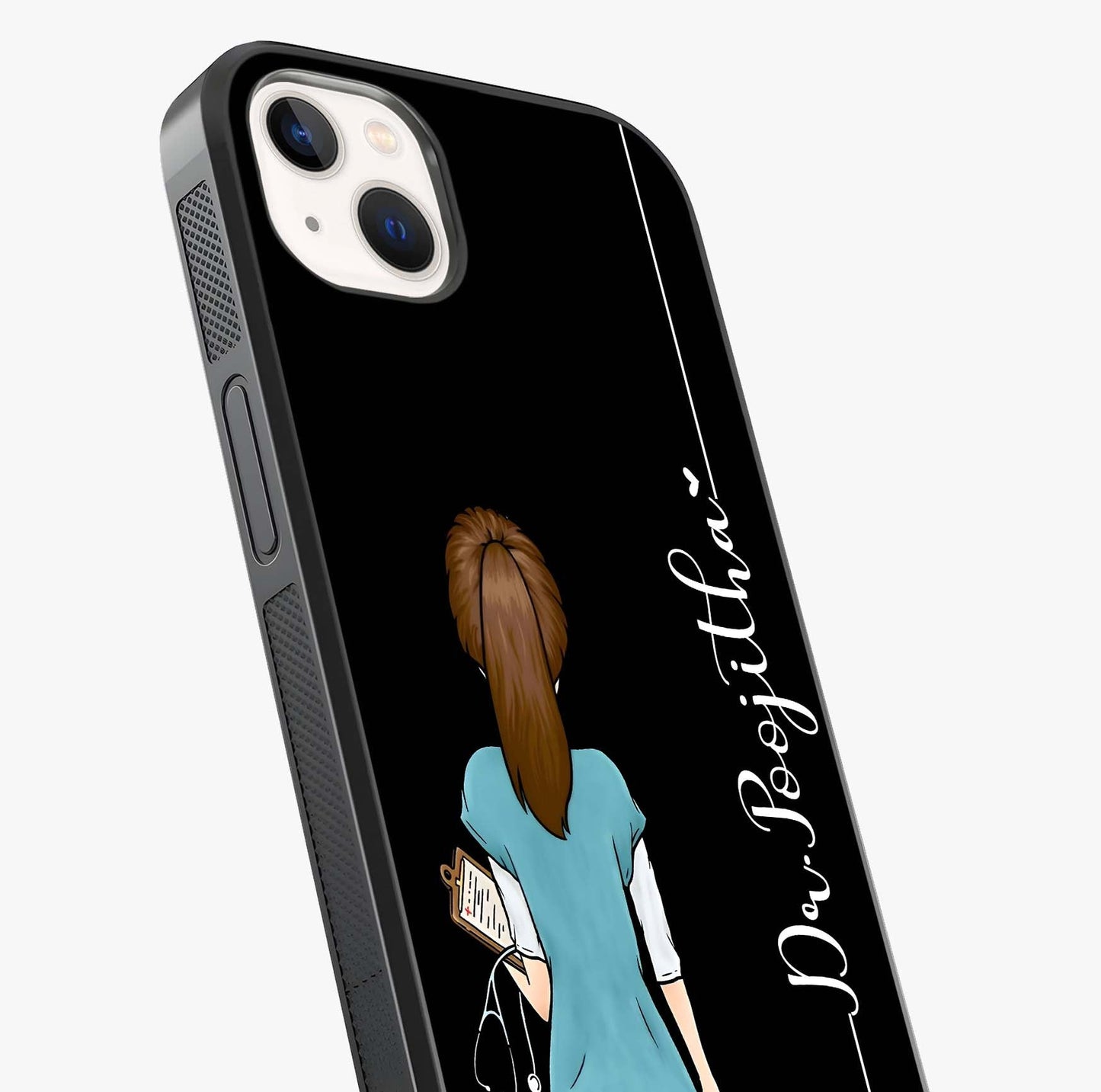 Doctor Pattern Custom Name Glass Case captured at a warm angle highlighting gloss, texture and premium glass finish.