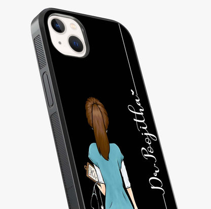 Doctor Pattern Custom Name Glass Case captured at a warm angle highlighting gloss, texture and premium glass finish.