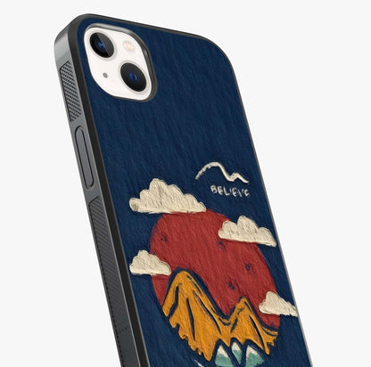 Dream Beyond Mountains Glass Case captured at a warm angle highlighting gloss, texture and premium glass finish.