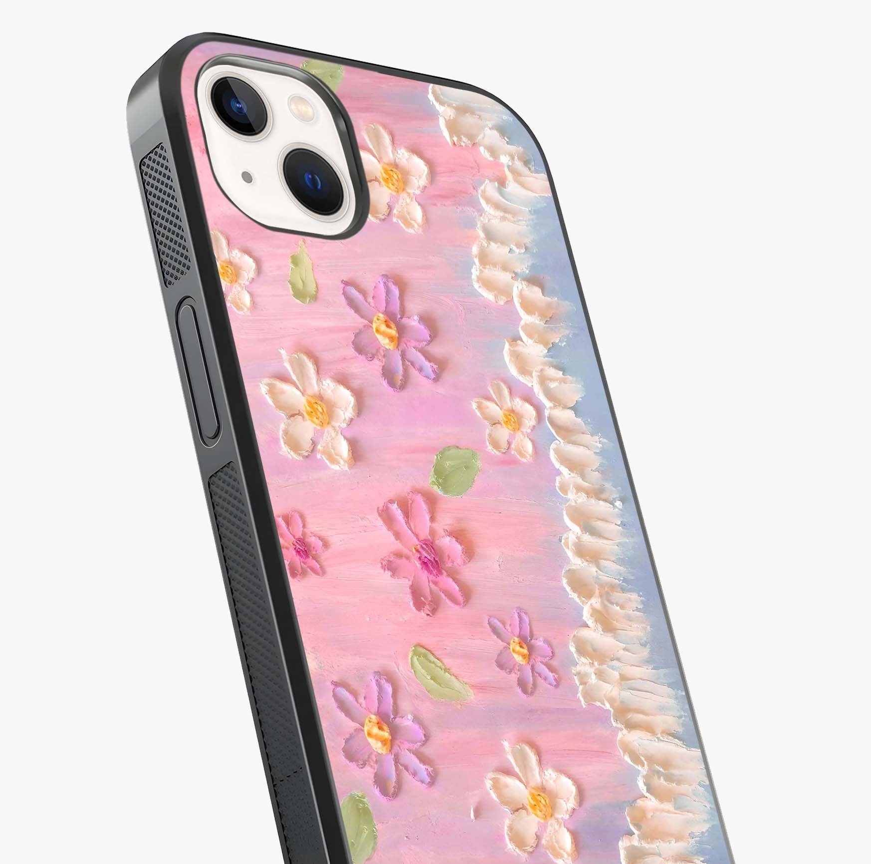 Dreamy Painted Garden Glass Case captured at a warm angle highlighting gloss, texture and premium glass finish.