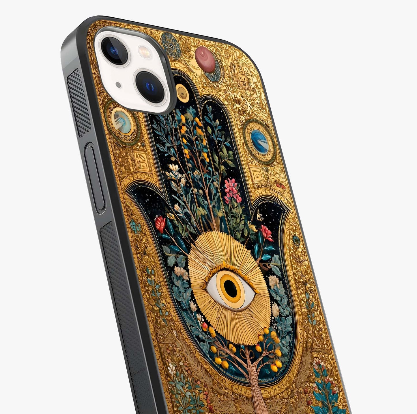 Ethereal Evil Eye Glass Case captured at a warm angle highlighting gloss, texture and premium glass finish.