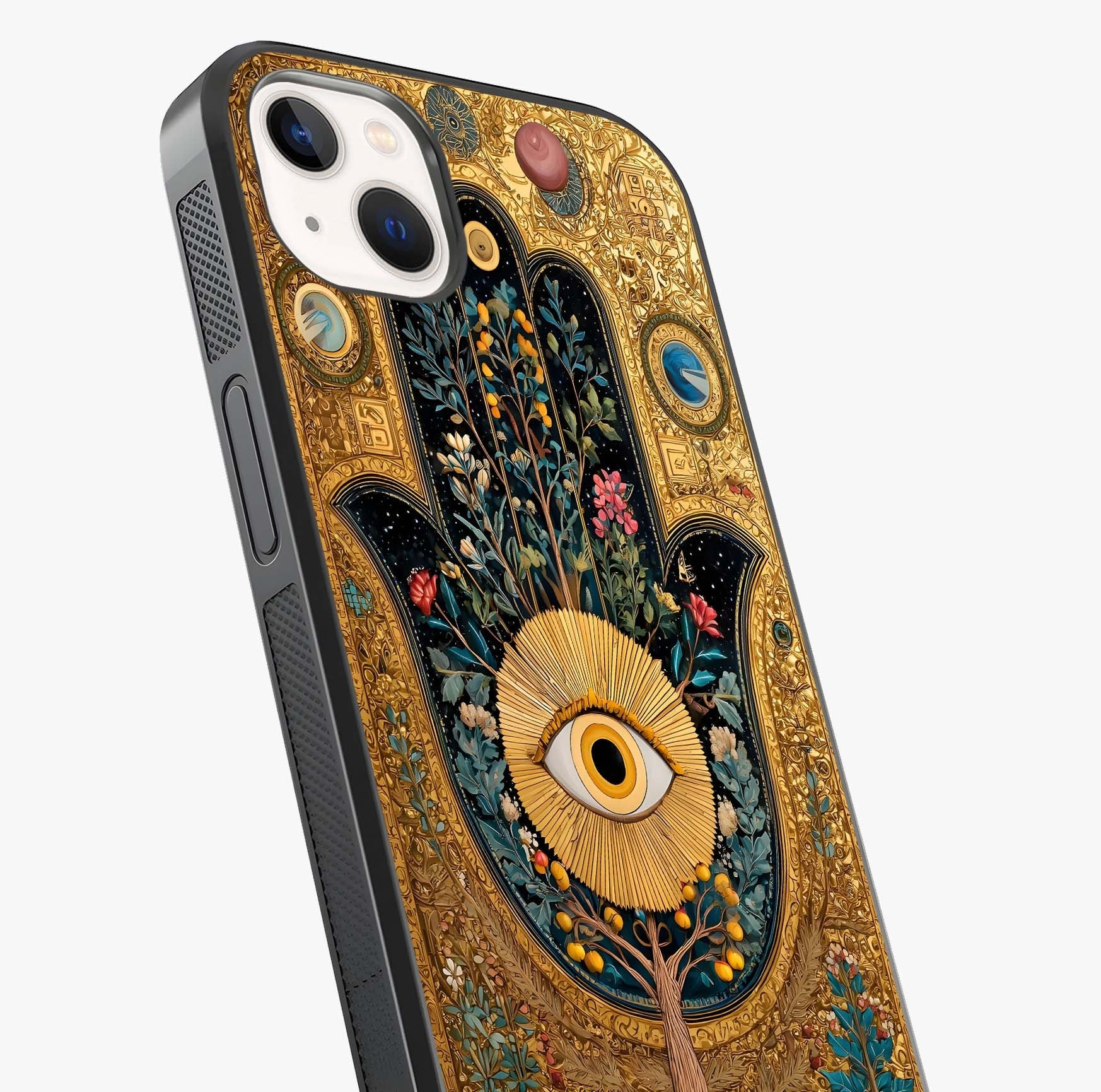 Ethereal Evil Eye Glass Case captured at a warm angle highlighting gloss, texture and premium glass finish.