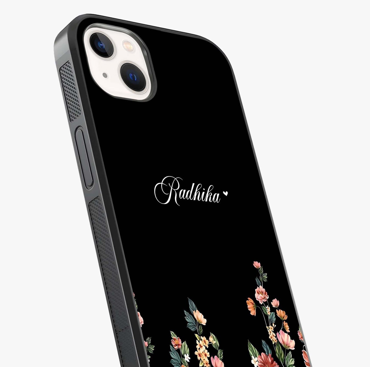 Floral Design With A Custom Personalized Name Glass Case captured at a warm angle highlighting gloss, texture and premium glass finish.