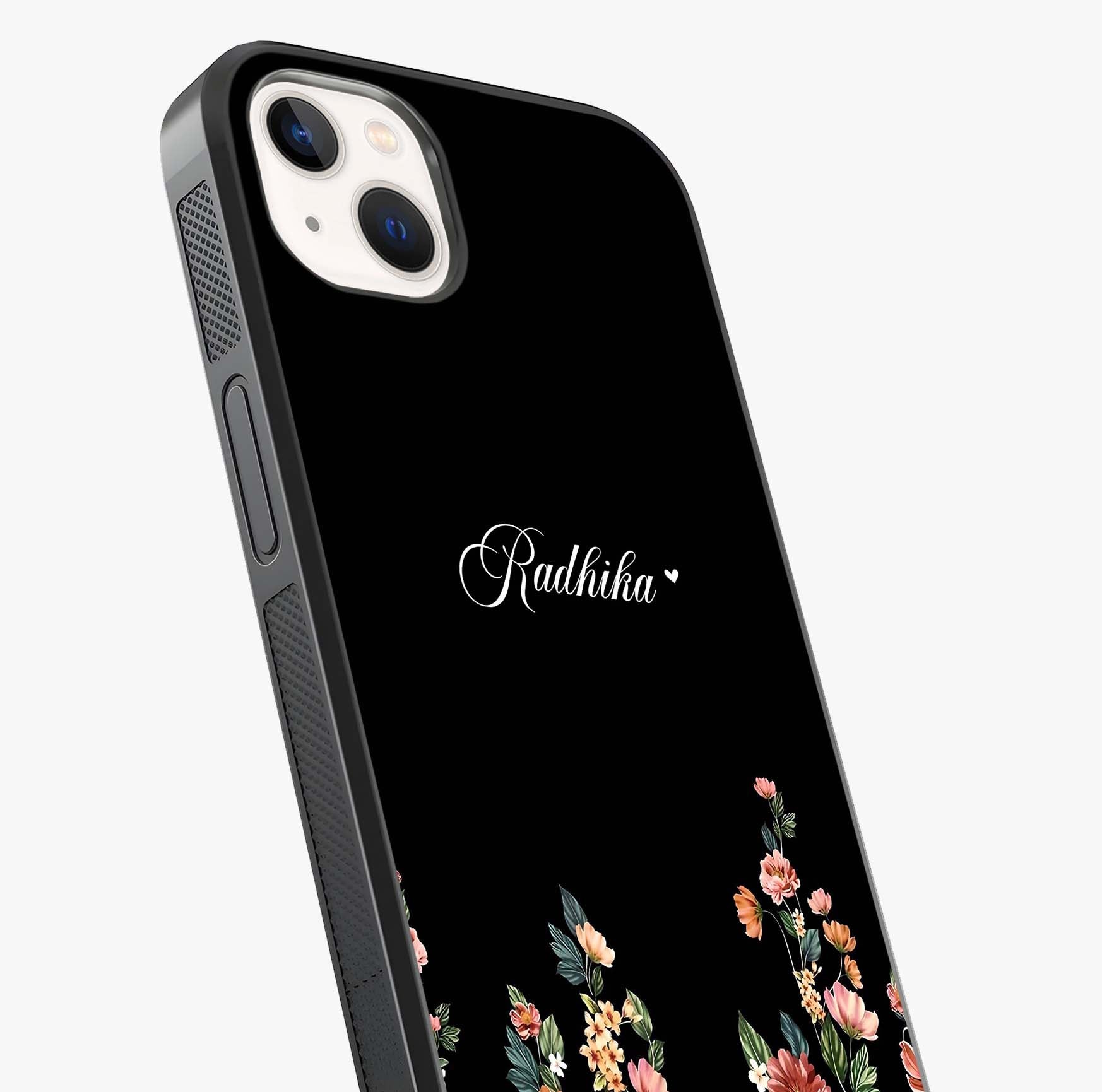 Floral Design With A Custom Personalized Name Glass Case captured at a warm angle highlighting gloss, texture and premium glass finish.