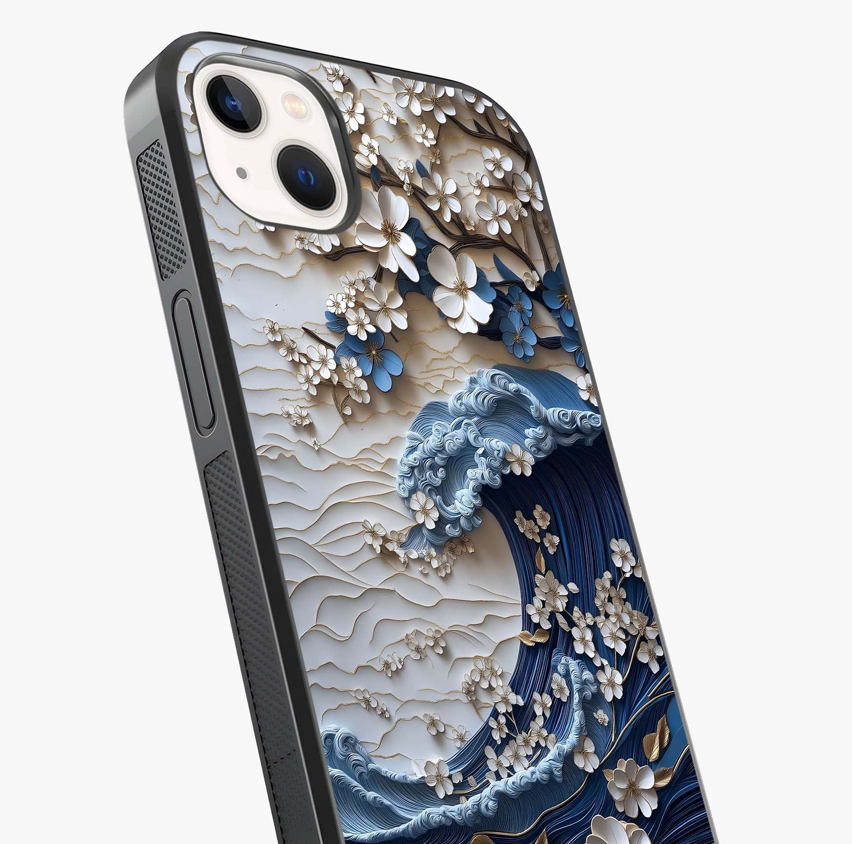 Floral Wave Origami Glass Case captured at a warm angle highlighting gloss, texture and premium glass finish.