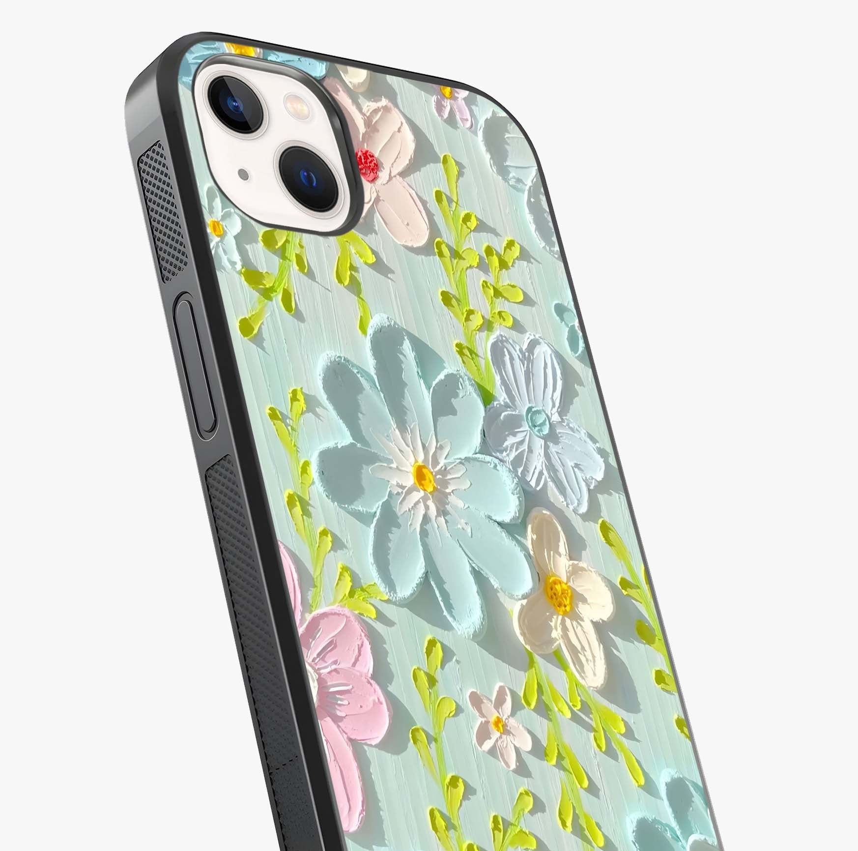 Frosted Petal Garden Glass Case captured at a warm angle highlighting gloss, texture and premium glass finish.