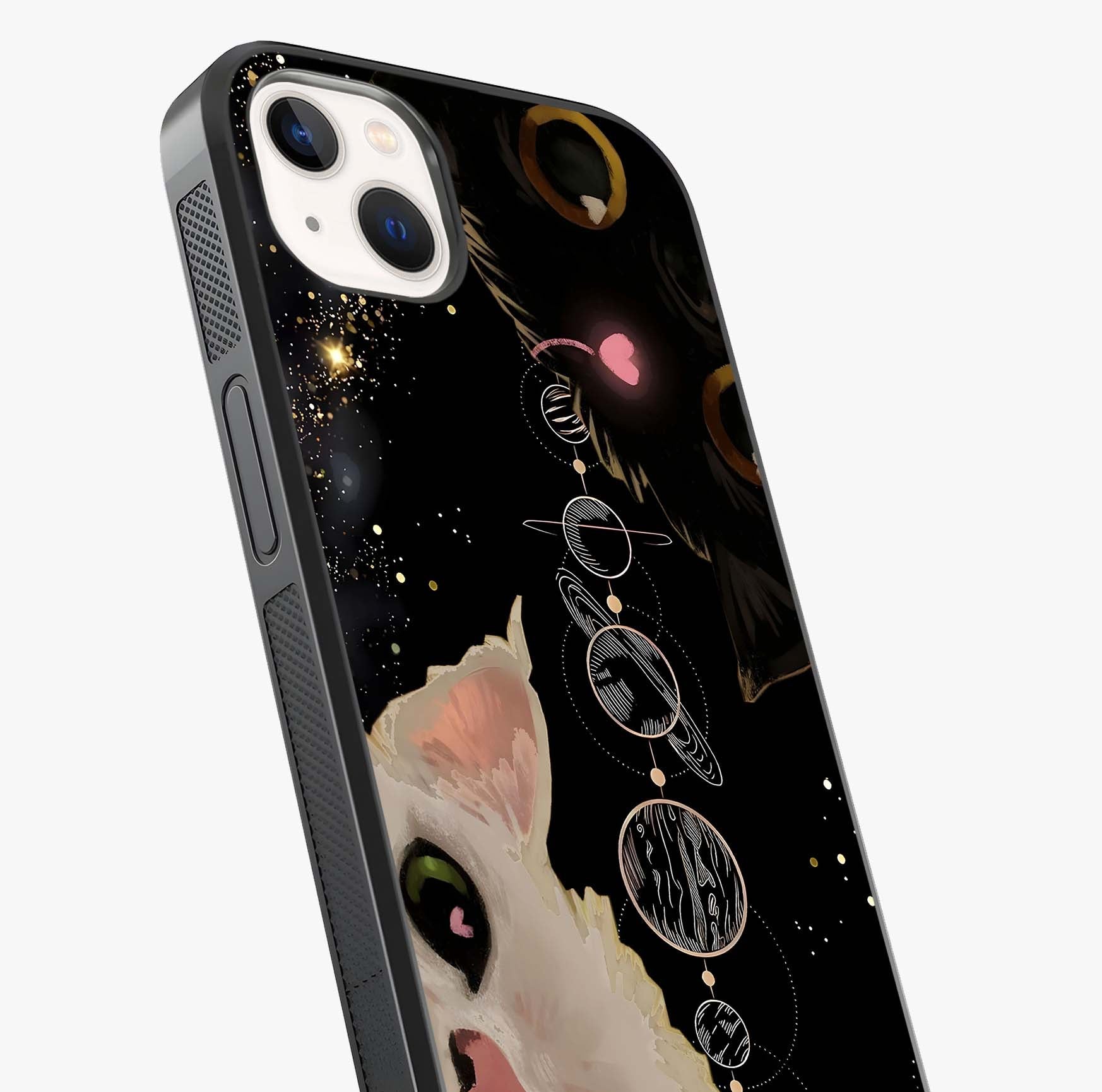 Galactic Cat Glass Case captured at a warm angle highlighting gloss, texture and premium glass finish.