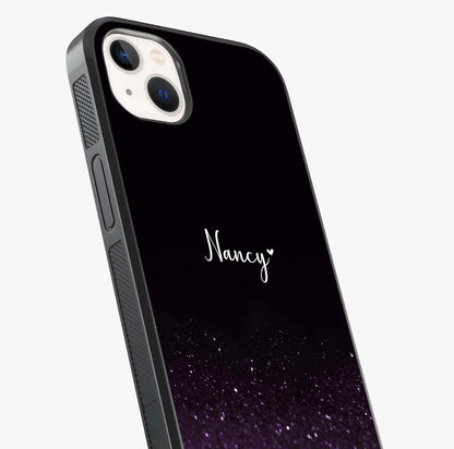 Glittery Purple Bokeh Custom Name Glass Case captured at a warm angle highlighting gloss, texture and premium glass finish.