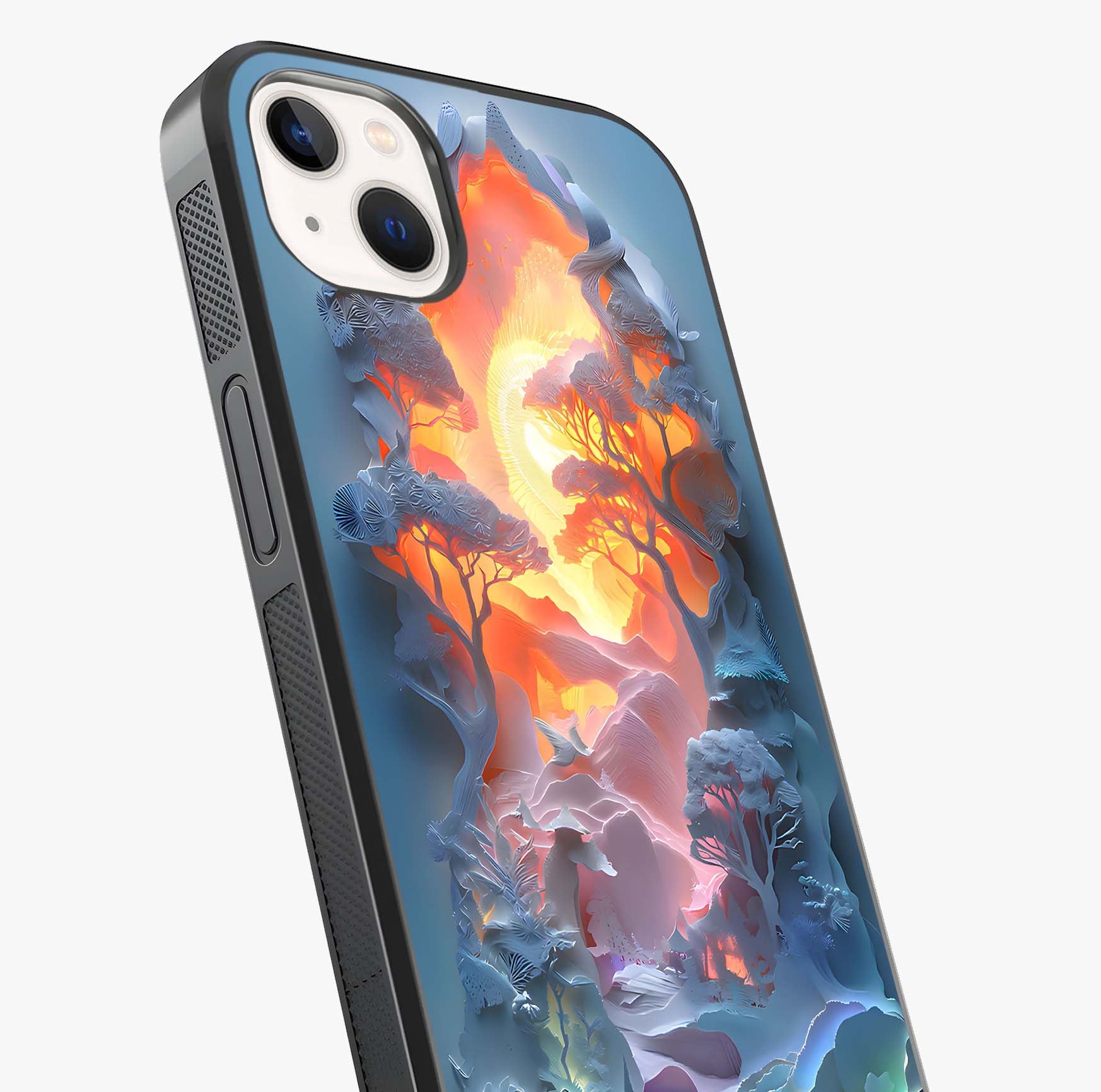 Glow Forest Portal Glass Case captured at a warm angle highlighting gloss, texture and premium glass finish.