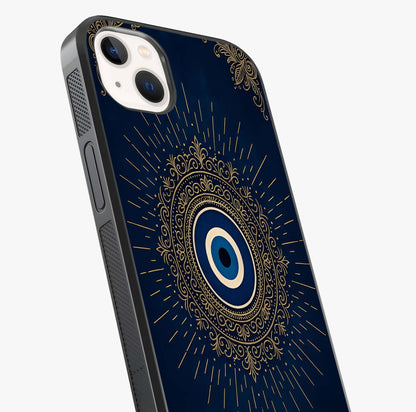 Golden Evil Eye Mandala Glass Case captured at a warm angle highlighting gloss, texture and premium glass finish.