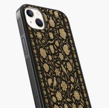 Golden Floral Majesty Glass Case captured at a warm angle highlighting gloss, texture and premium glass finish.