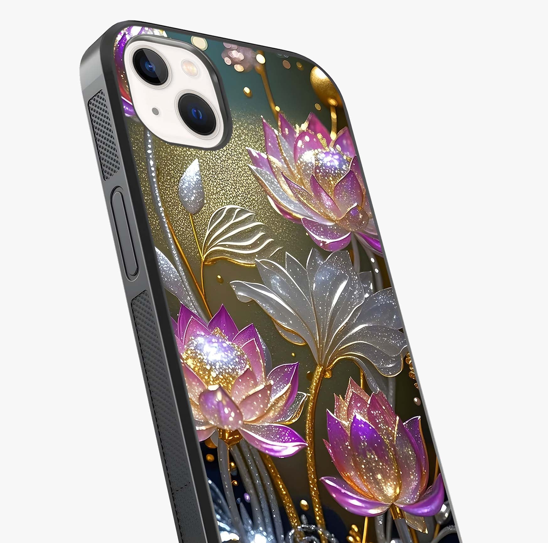 Golden Lotus Glow Glass Case captured at a warm angle highlighting gloss, texture and premium glass finish.