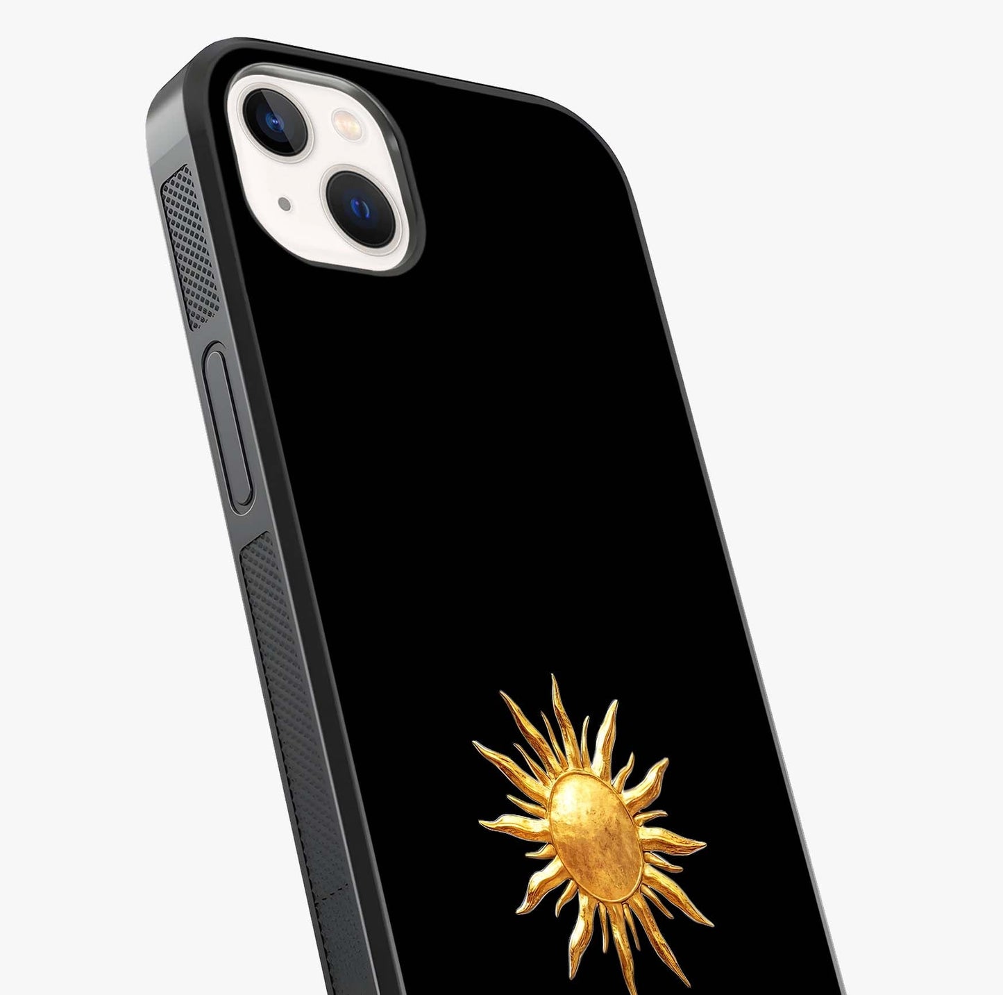 Golden Sun Minimalism Glass Case captured at a warm angle highlighting gloss, texture and premium glass finish.