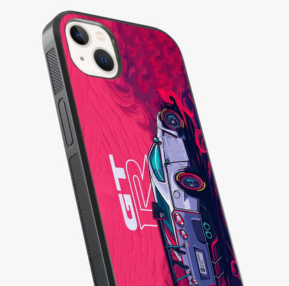 GT R Car Pattern Glass Case captured at a warm angle highlighting gloss, texture and premium glass finish.
