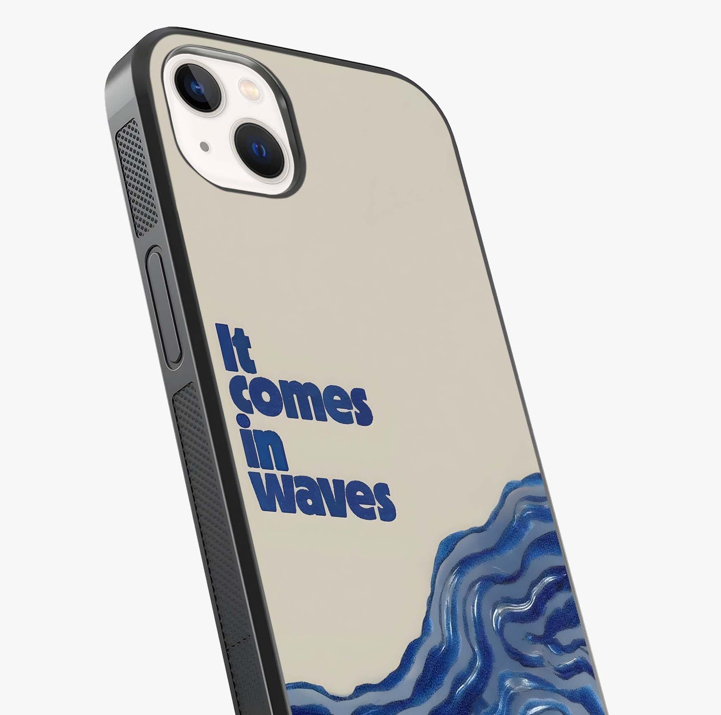 It Comes In Waves Quote Glass Case captured at a warm angle highlighting gloss, texture and premium glass finish.