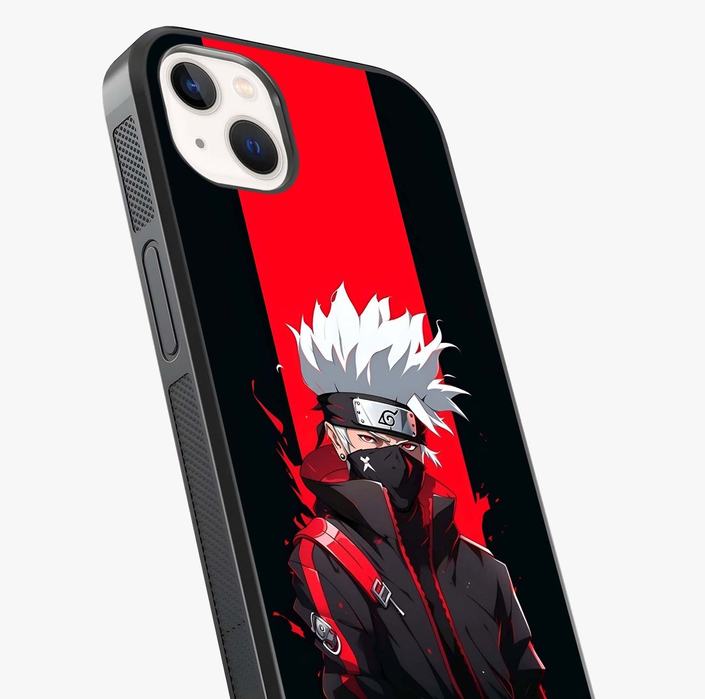 Kakashi Scarlet Shadow Glass Case captured at a warm angle highlighting gloss, texture and premium glass finish.