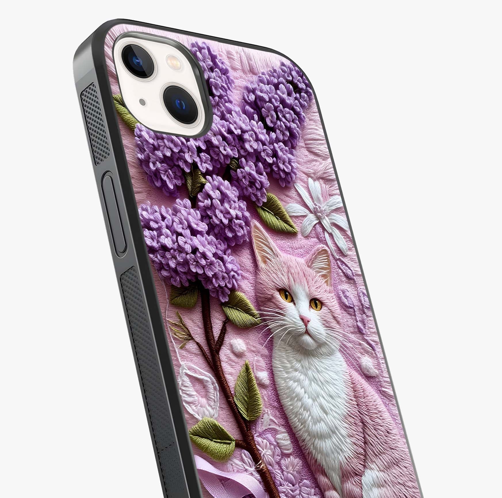 Lavender Cat Whimsy Glass Case captured at a warm angle highlighting gloss, texture and premium glass finish.