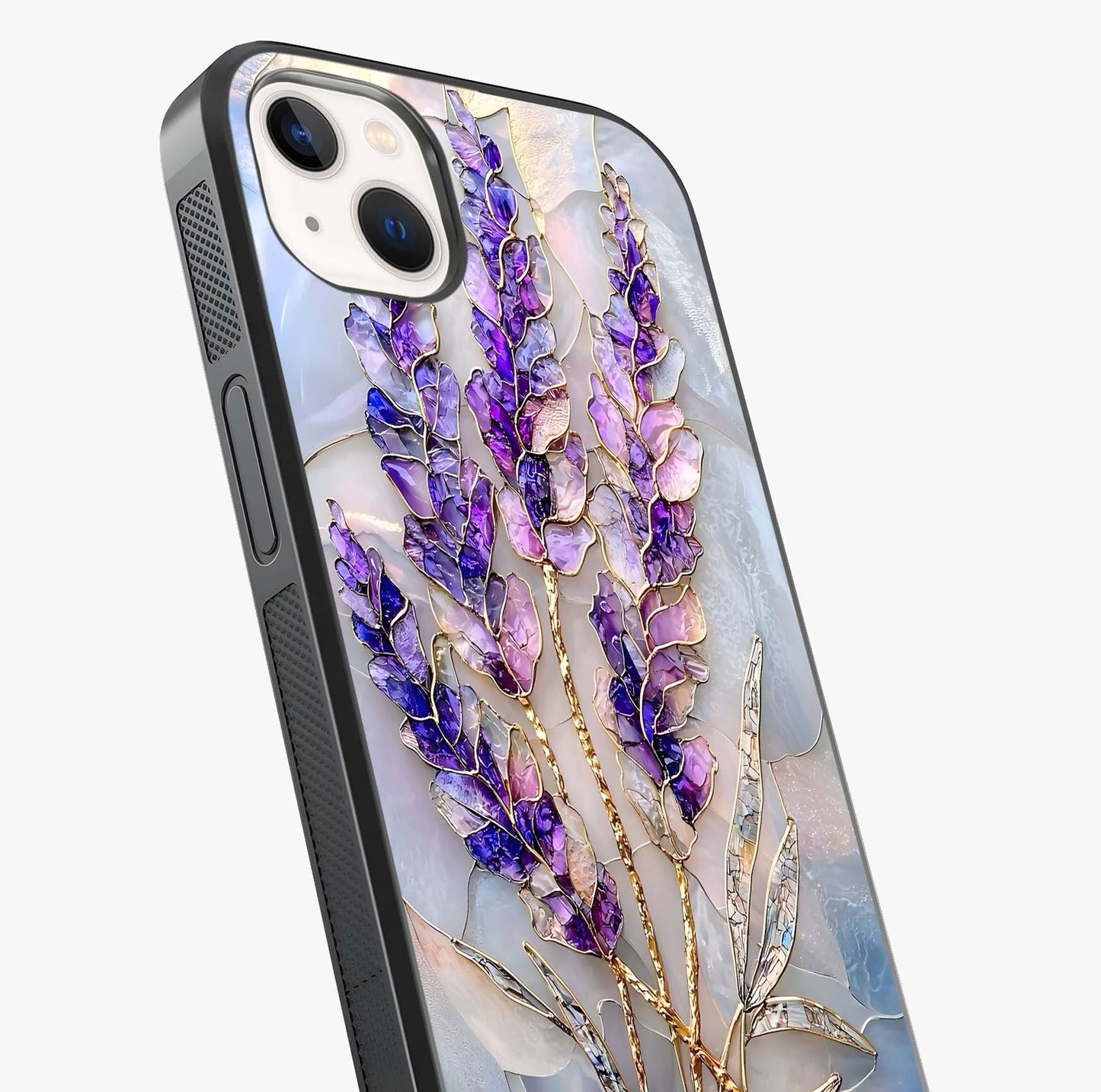 Lavender Dream Glow Glass Case captured at a warm angle highlighting gloss, texture and premium glass finish.