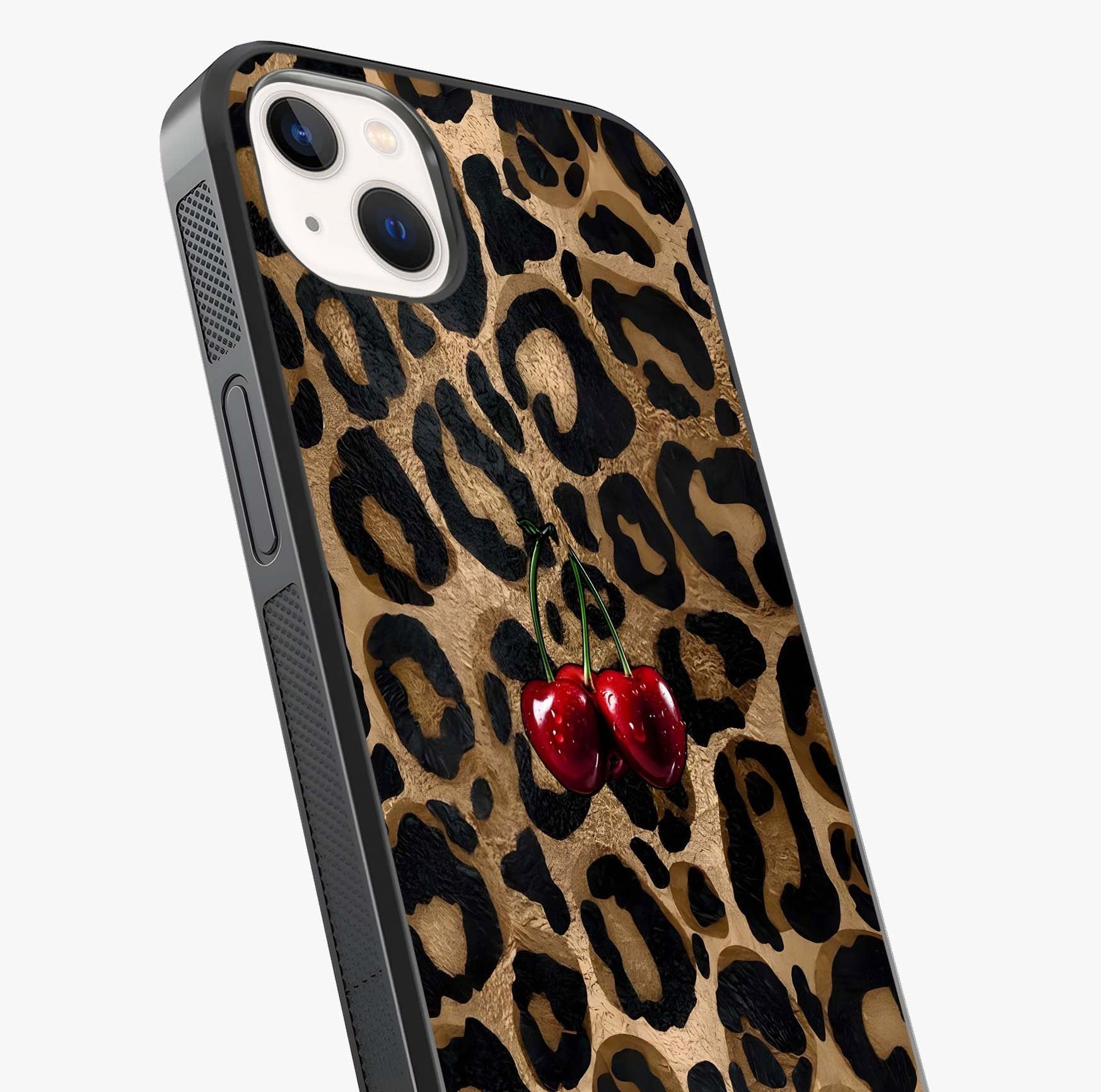 Leopard Wild Cherry Glass Case captured at a warm angle highlighting gloss, texture and premium glass finish.