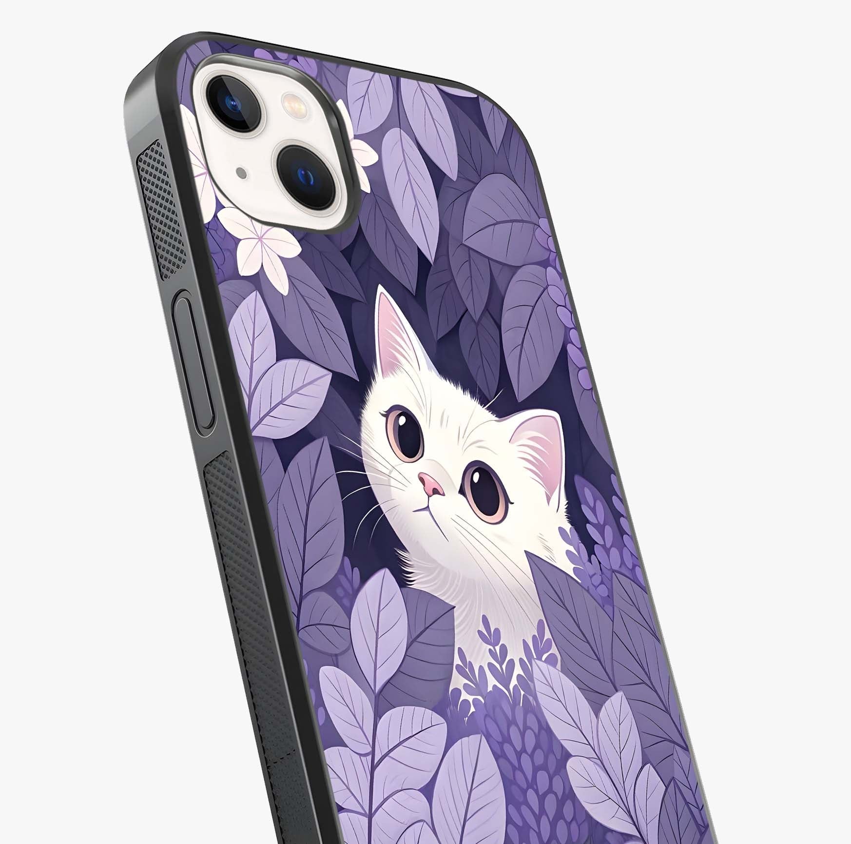 Lilac Hide Peek Cat Glass Case captured at a warm angle highlighting gloss, texture and premium glass finish.