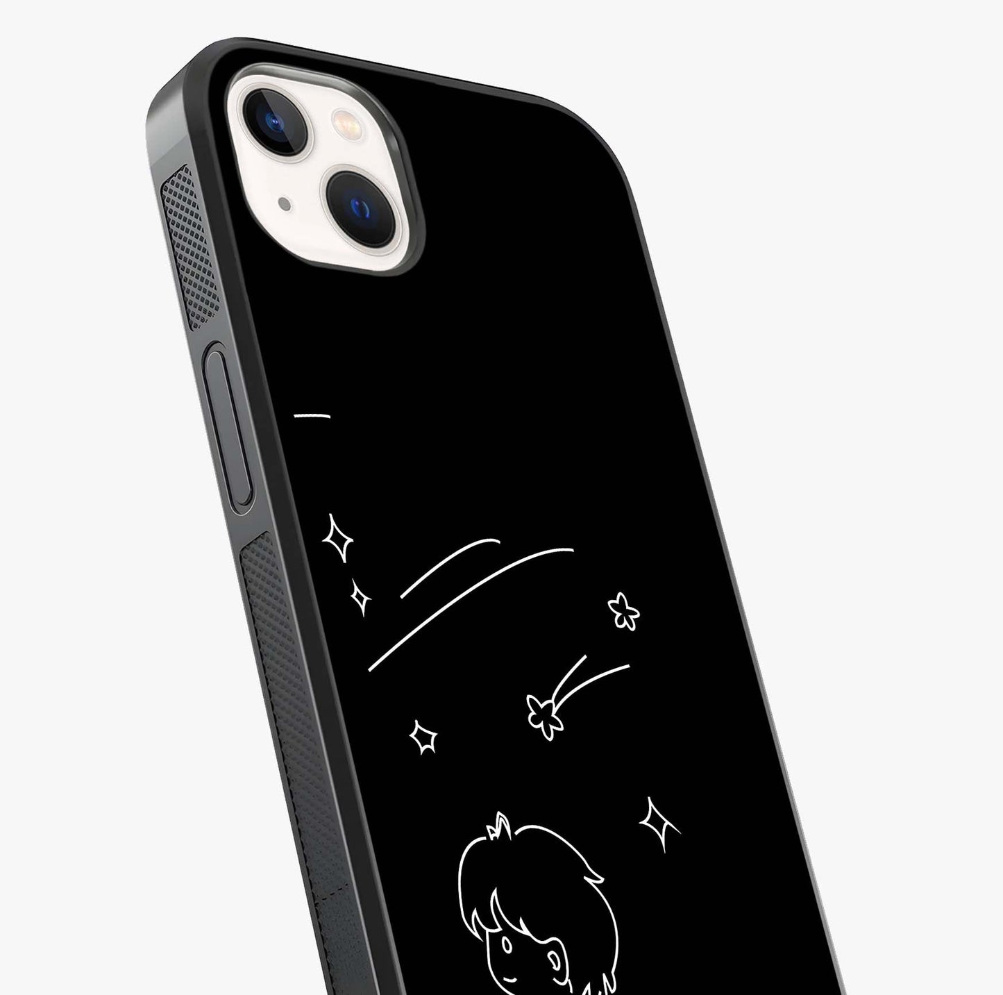 Line Art Boy With Shooting Stars Glass Case captured at a warm angle highlighting gloss, texture and premium glass finish.