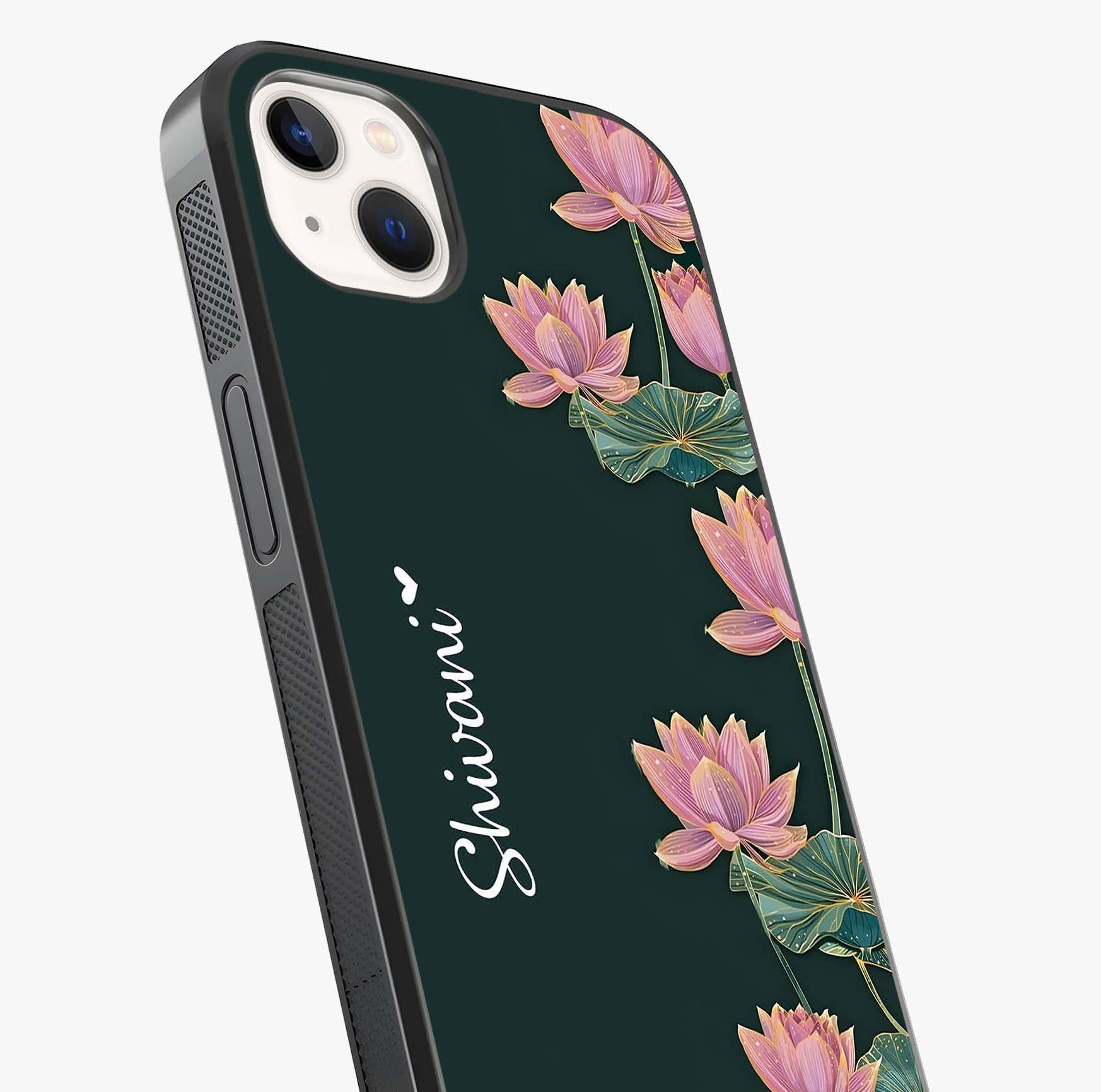 Lotus Bloom Serenity Custom Name Glass Case captured at a warm angle highlighting gloss, texture and premium glass finish.