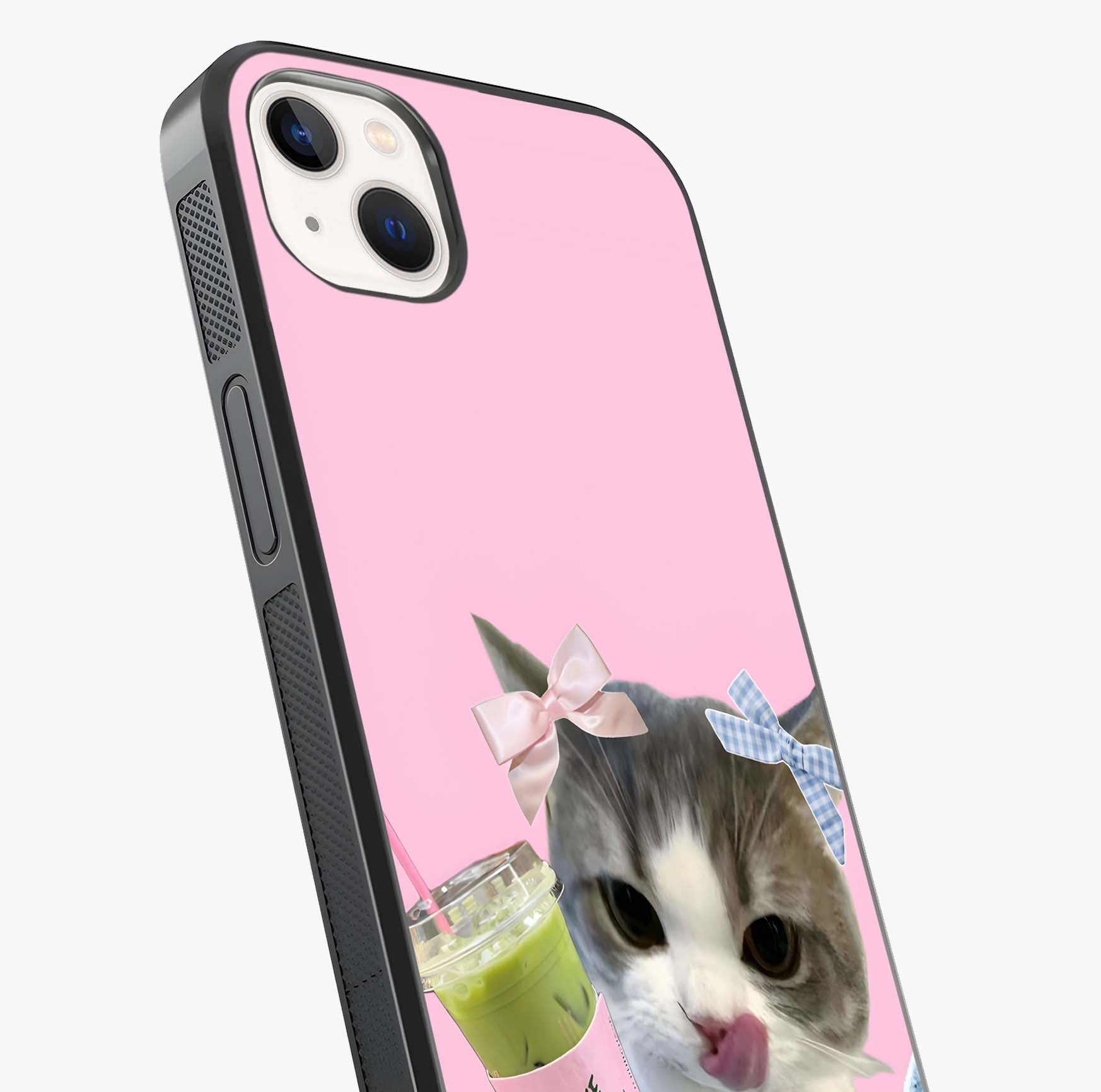 Love Matcha Cat Glass Case captured at a warm angle highlighting gloss, texture and premium glass finish.