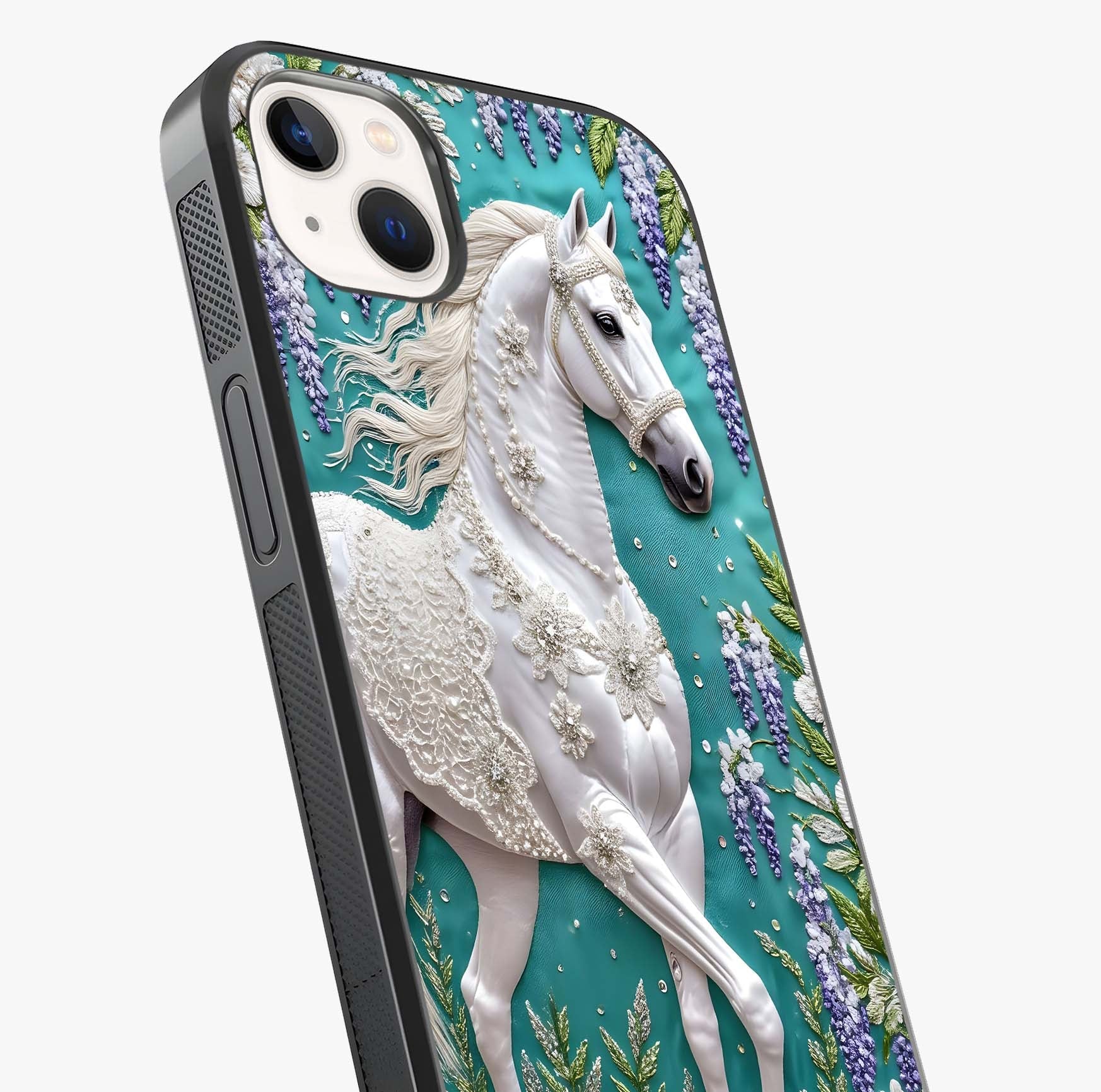Majestic Floral Stallion Glass Case captured at a warm angle highlighting gloss, texture and premium glass finish.