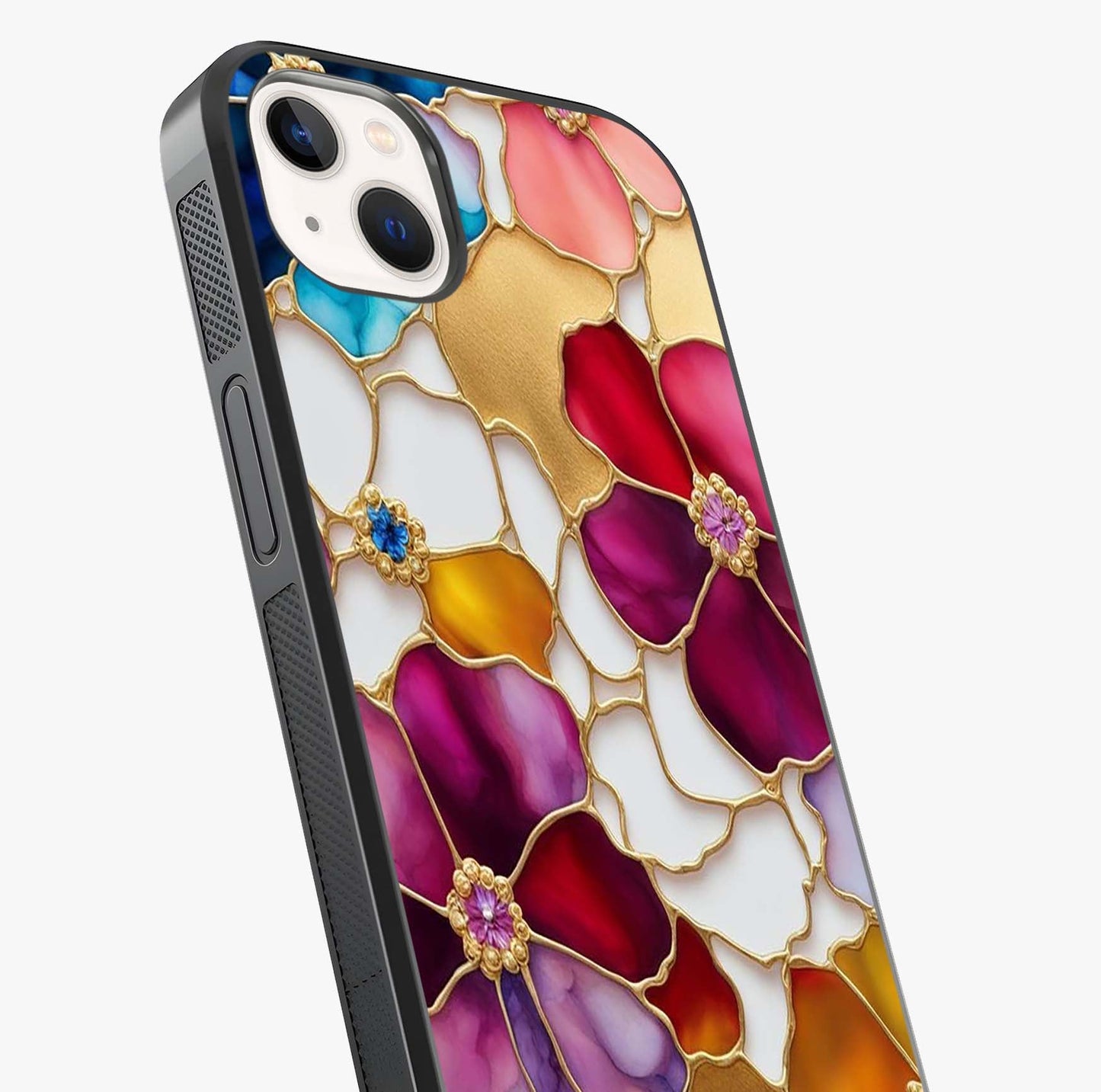 Marble Flower Pattern Glass Case captured at a warm angle highlighting gloss, texture and premium glass finish.
