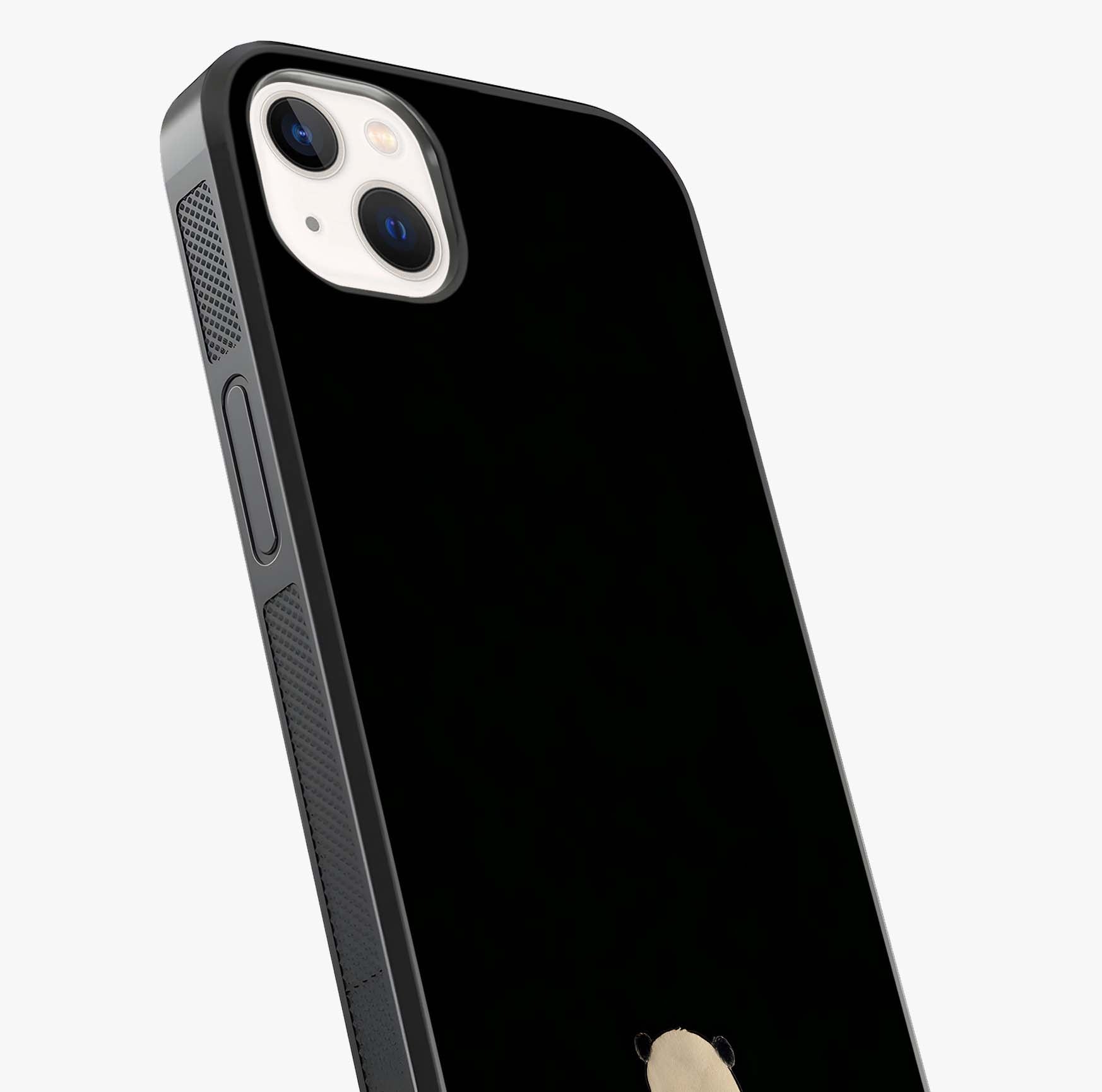 Midnight Panda Love Glass Case captured at a warm angle highlighting gloss, texture and premium glass finish.