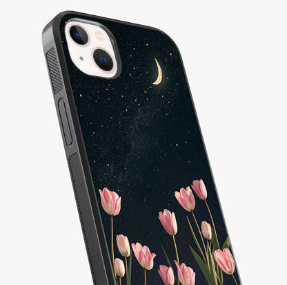 Midnight Tulip Whispers Vibe Glass Case captured at a warm angle highlighting gloss, texture and premium glass finish.