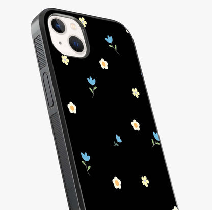 Minimalistic Blue With White Flower Pattern Glass Case captured at a warm angle highlighting gloss, texture and premium glass finish.