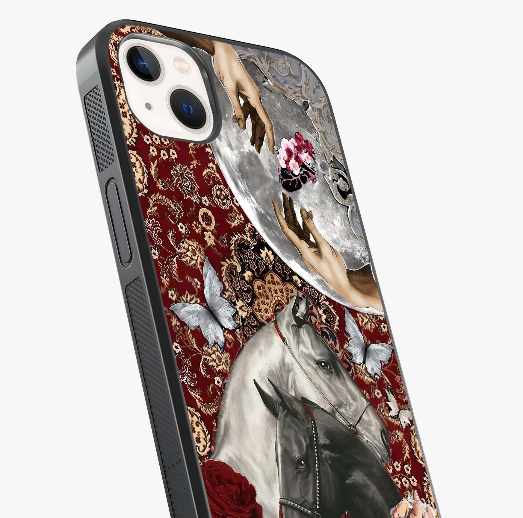 Moonlit Royal Stallion Glass Case captured at a warm angle highlighting gloss, texture and premium glass finish.