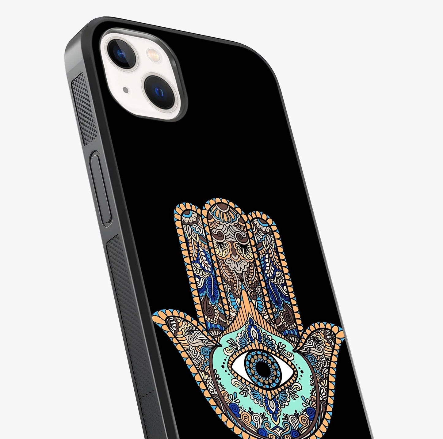 Mystic Hamsa Eye Glass Case captured at a warm angle highlighting gloss, texture and premium glass finish.