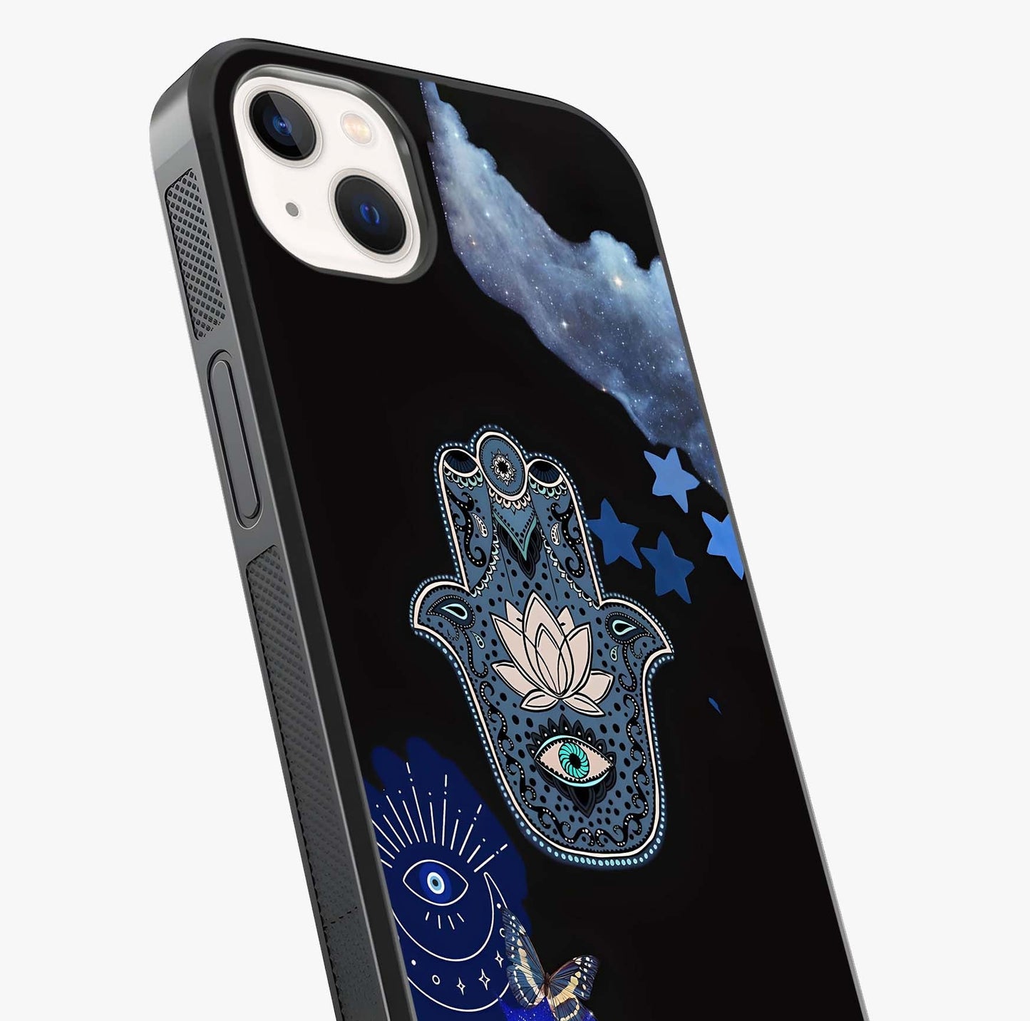 Mystic Hand Aura Glass Case captured at a warm angle highlighting gloss, texture and premium glass finish.
