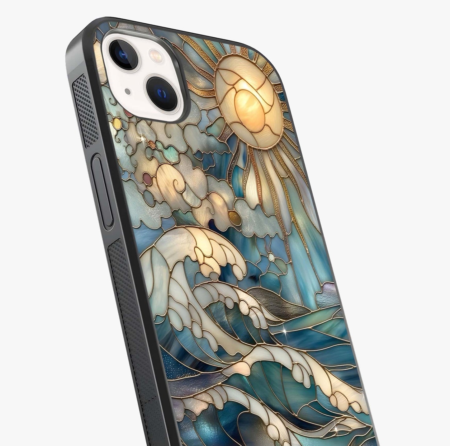 Oceanic Stained Printed Glass Case captured at a warm angle highlighting gloss, texture and premium glass finish.