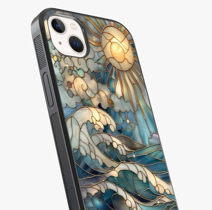 Oceanic Stained Printed Glass Case captured at a warm angle highlighting gloss, texture and premium glass finish.