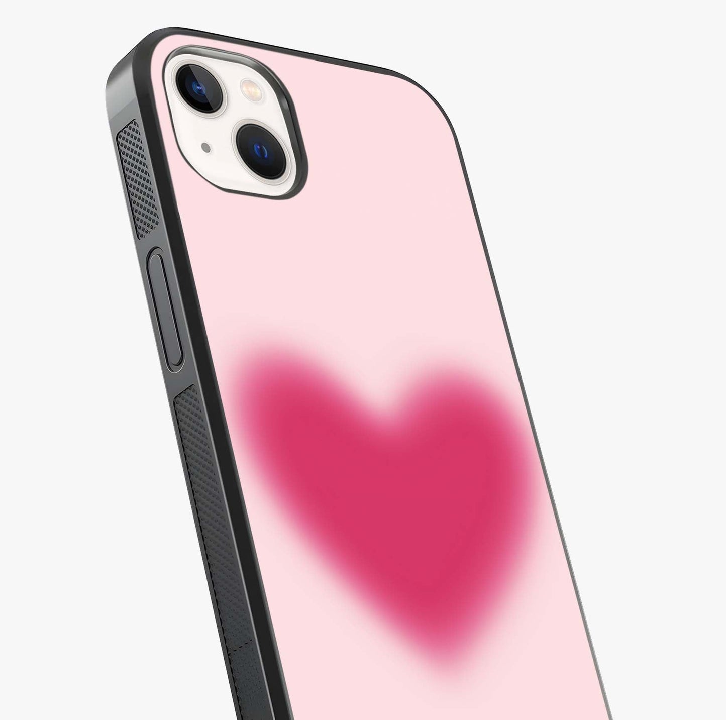 Pink Aura Heart Glass Case captured at a warm angle highlighting gloss, texture and premium glass finish.