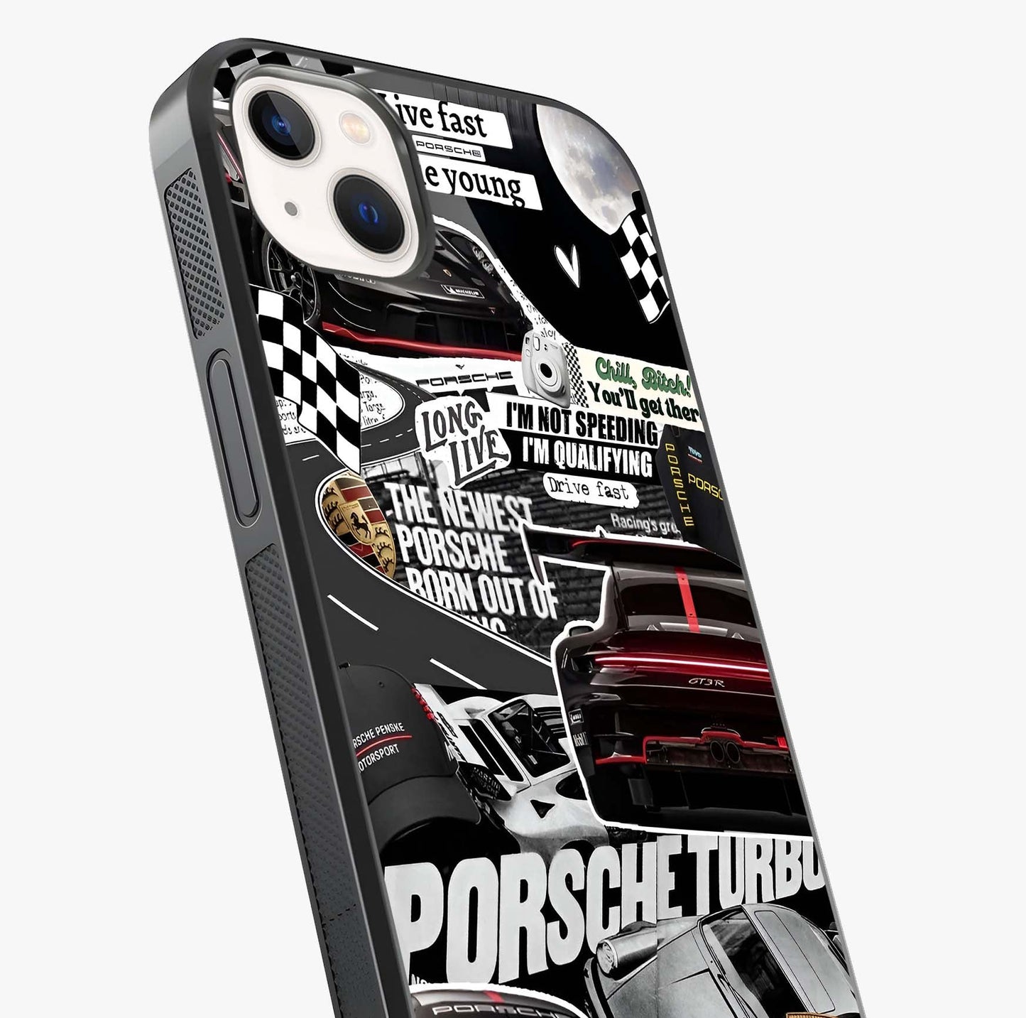 Porsche Racing Collage Glass Case captured at a warm angle highlighting gloss, texture and premium glass finish.