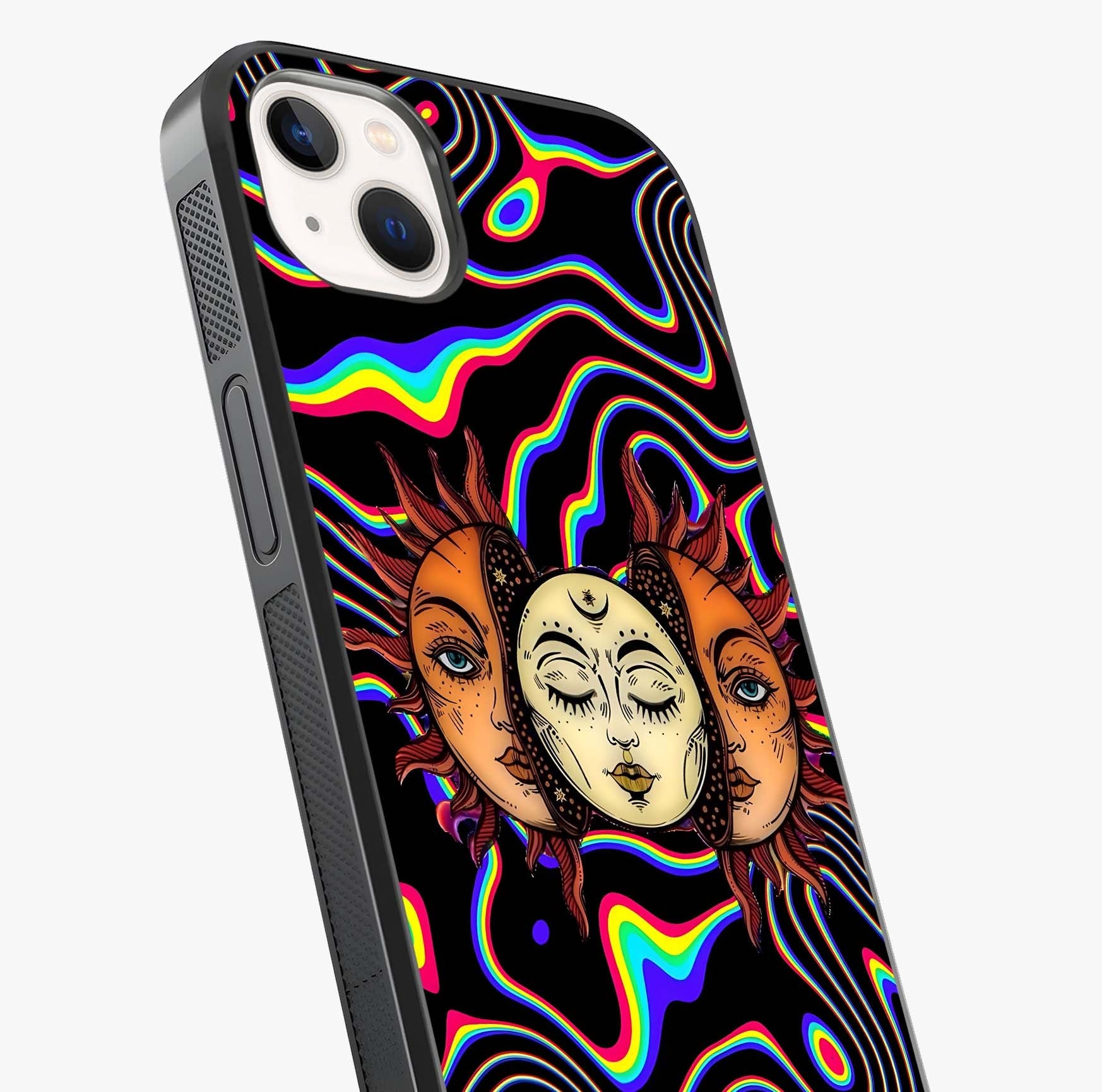 Psychedelic Sun Glass Case captured at a warm angle highlighting gloss, texture and premium glass finish.
