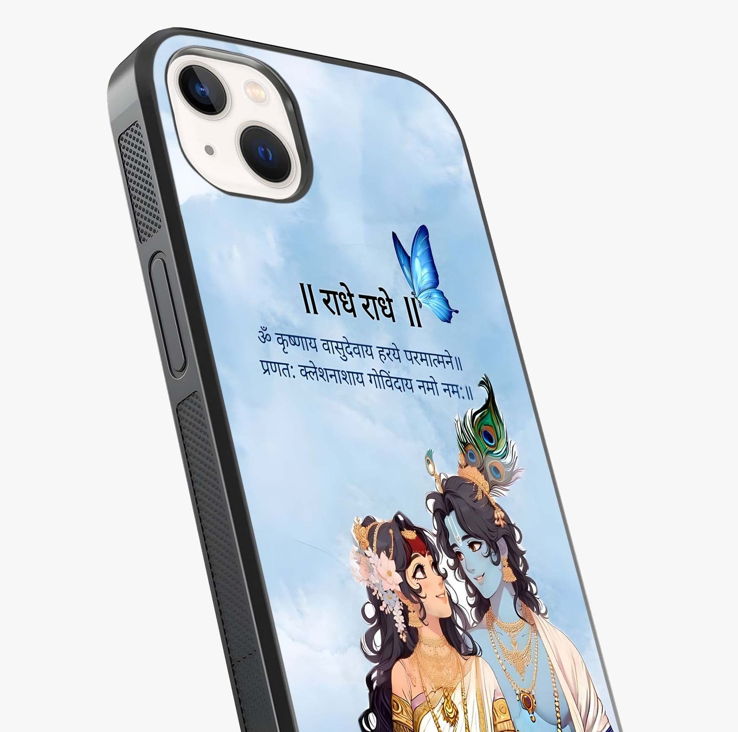 Radha Krishna Eternal Glass Case captured at a warm angle highlighting gloss, texture and premium glass finish.
