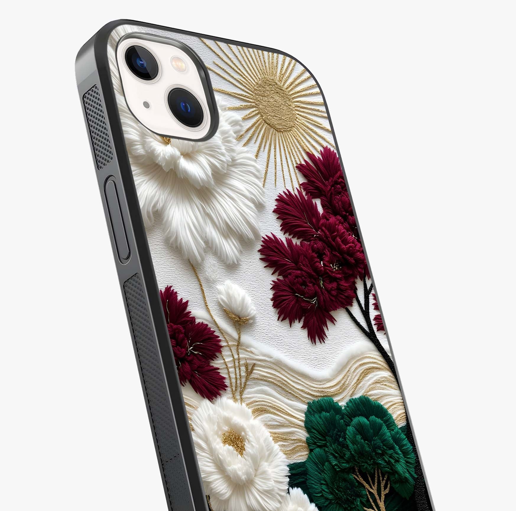 Radiant Bloom Elegance Glass Case captured at a warm angle highlighting gloss, texture and premium glass finish.