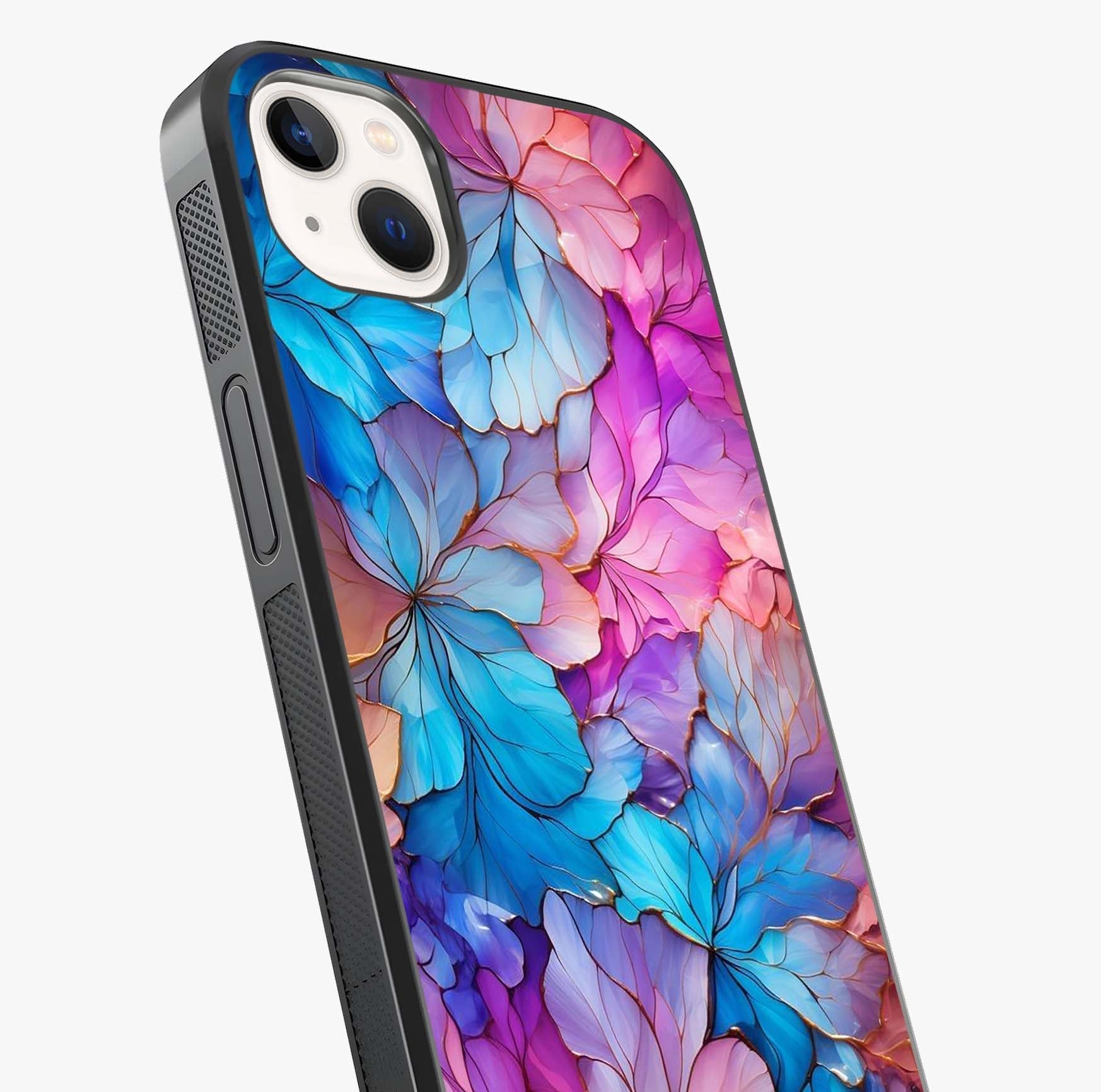 Radiant Floral Whirl Glass Case captured at a warm angle highlighting gloss, texture and premium glass finish.
