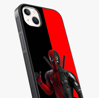 Red & Black Deadpool Theme Glass Case captured at a warm angle highlighting gloss, texture and premium glass finish.