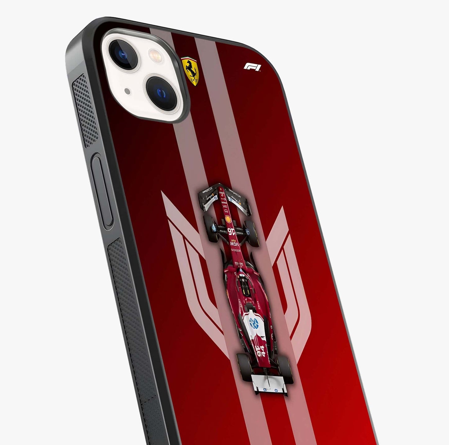 Red Ferrari F1 Vertical Glass Case captured at a warm angle highlighting gloss, texture and premium glass finish.