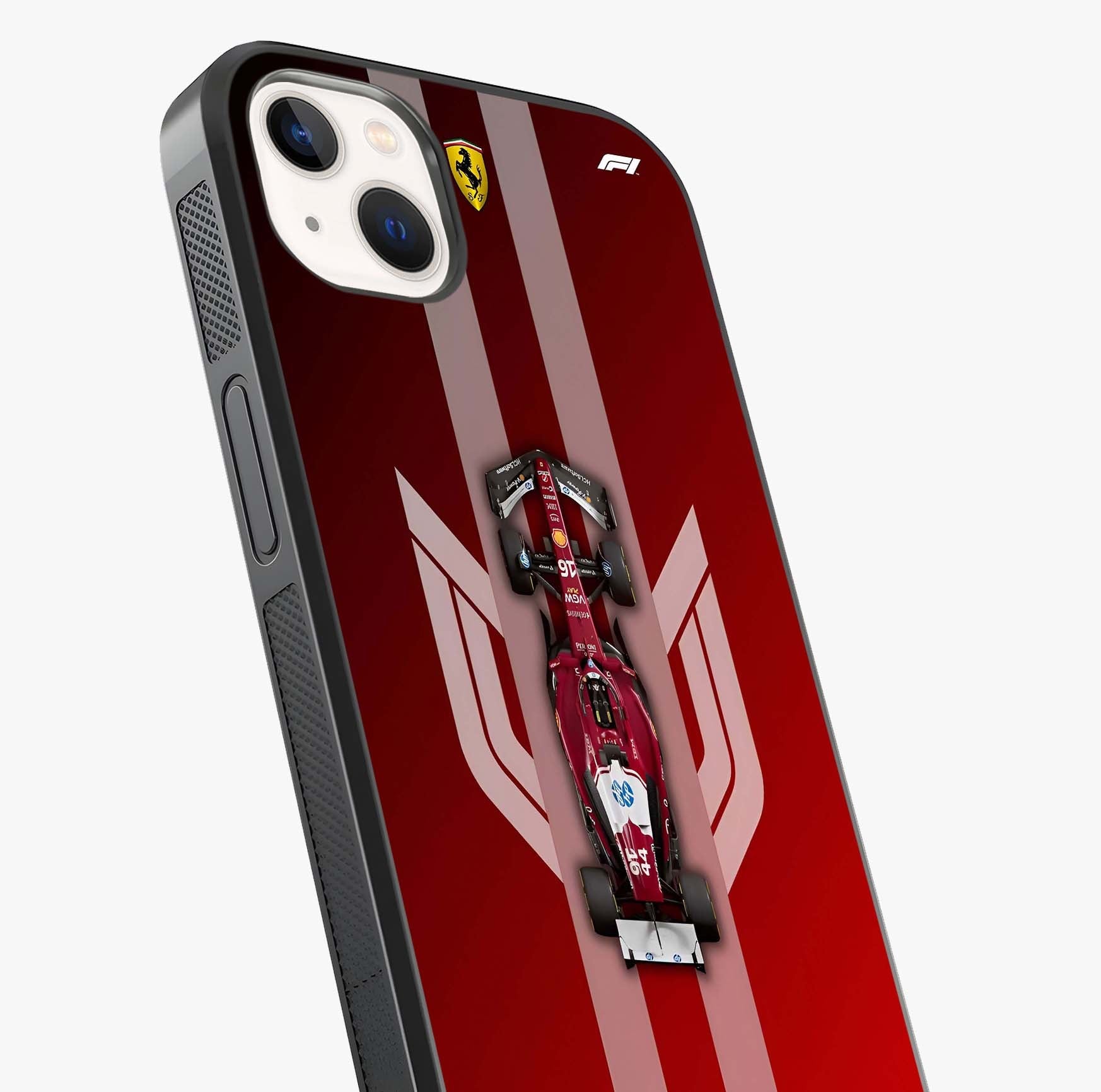Red Ferrari F1 Vertical Glass Case captured at a warm angle highlighting gloss, texture and premium glass finish.