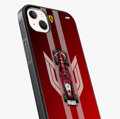 Red Ferrari F1 Vertical Glass Case captured at a warm angle highlighting gloss, texture and premium glass finish.