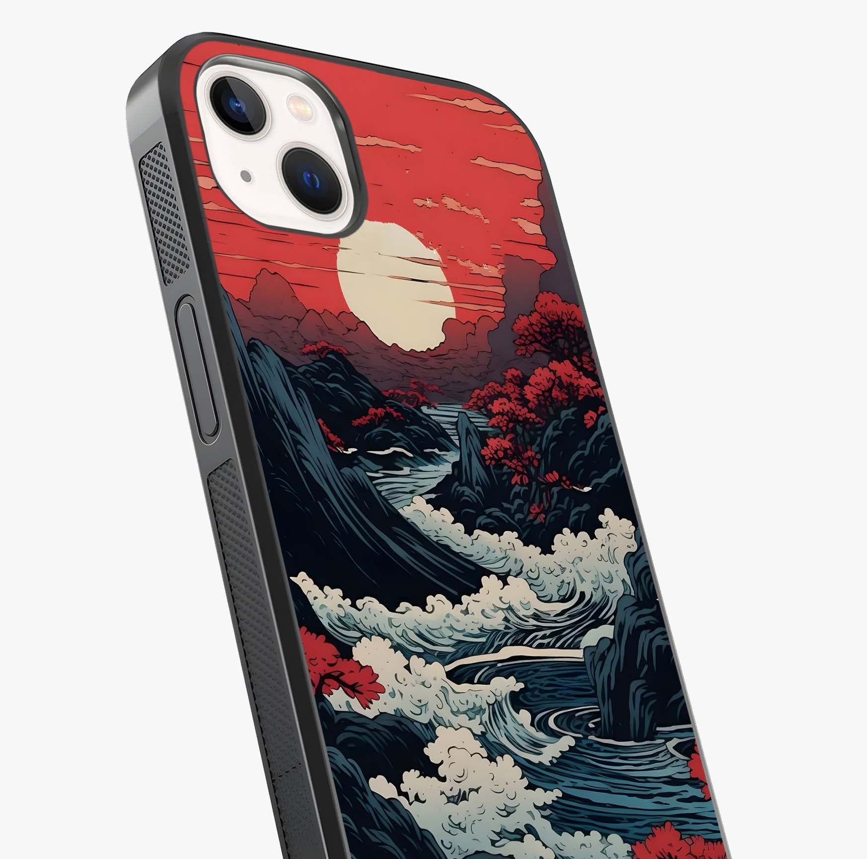 Red Sunset Scenery Glass Case captured at a warm angle highlighting gloss, texture and premium glass finish.